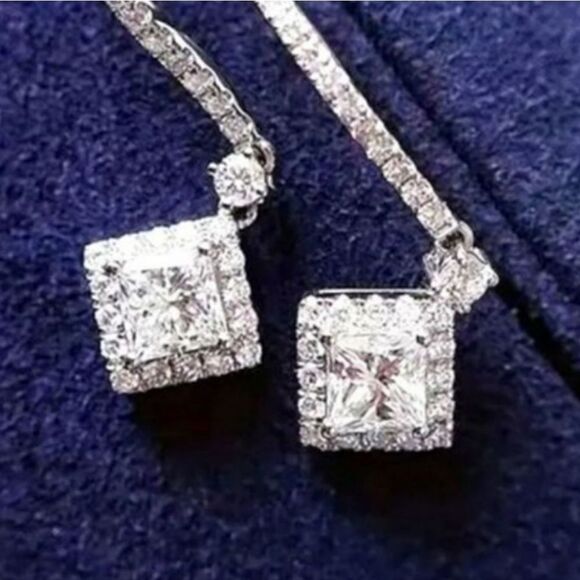2 Ct. Princess Cut Clear / White Diamond Earrings on 925 Silver - Picture 1 of 4